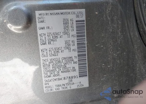 2017 Nissan Rogue S z USA, uszkodzony, nr VIN 5N1AT2MT8HC878891